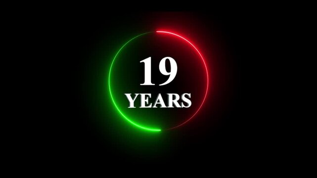 19 years anniversary celebration motion with neon glowing circle frame on black background, nineteen birthday
