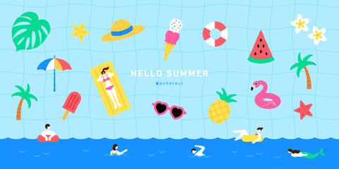 夏のWebバナー背景素材：プールや海で泳ぐ人とサマーアイテムの横長デザイン © achamo
