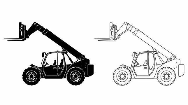 Telehandler Forklift Silhouette and Outline Vector Illustration