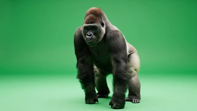 A powerful silverback gorilla walking forward on a solid green background