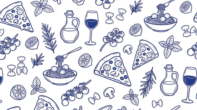 Hand drawn italian food pattern with pizza slices pasta wine and fresh ingredients in blue ink style
