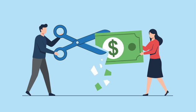 Man uses a huge pair of scissors to cut a green dollar bill being held by a woman to symbolize budget cuts or financial management.