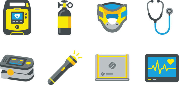 Emergency Medical Equipment and Healthcare Device Icon Set Featuring Defibrillator Oxygen Tank Monitor Stethoscope and First Aid Tools