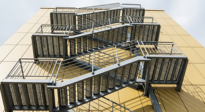 Modern Metal External Fire Escape Staircase on Yellow Building Facade Low Angle View
