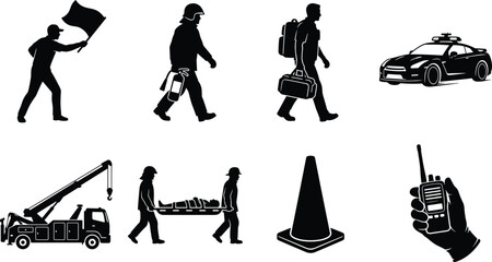Emergency Response and Rescue Silhouette Icon Set Featuring Firefighter Paramedics Police Car Tow Truck and Safety Equipment © MstRehna