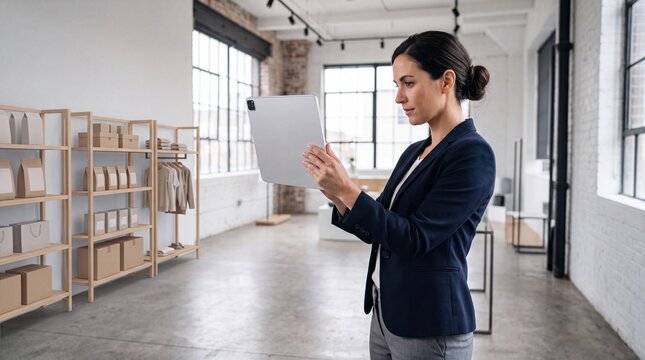 Professional female entrepreneur using digital tablet in modern warehouse, small business owner managing inventory, retail manager in bright industrial loft