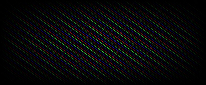Faded RGB screen pixel background. LCD display grid dots wallpaper. LED TV screen pattern. Red Green Blue diode pixels videowall concept. Projector or television monitor texture backdrop. Vector