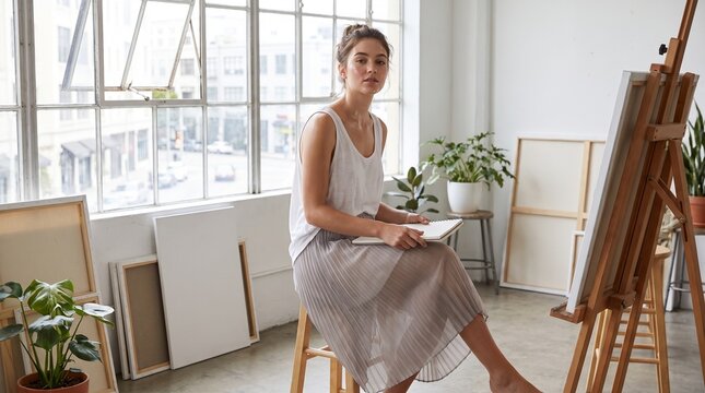 Portrait of young female artist sitting on stool inside bright spacious painting studio