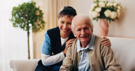 Fototapeta premium Portrait, nurse and senior man with hug in house for assisted living, healthcare or retirement. Happy woman, patient or smile with love for health, wellness or elderly care together in nursing home