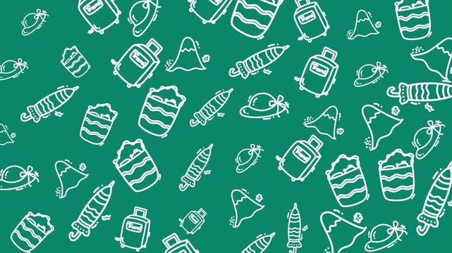 Doodle Travel Icons Pattern Green Background Seamless Holiday Adventure Vacation