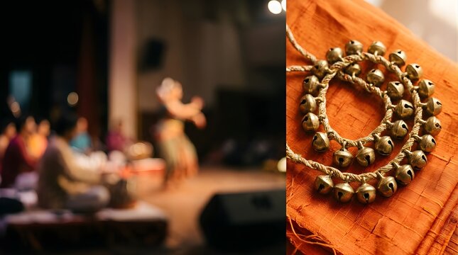 Traditional Indian dancer anklet ghungroo resting on orange silk fabric