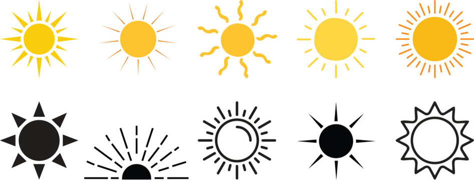 yellow sun icons set, sunshine and solar glow, sunrise or sunset. Decorative circle full and half sun and sunlight. Hot solar energy for tan. sun icon on white background.