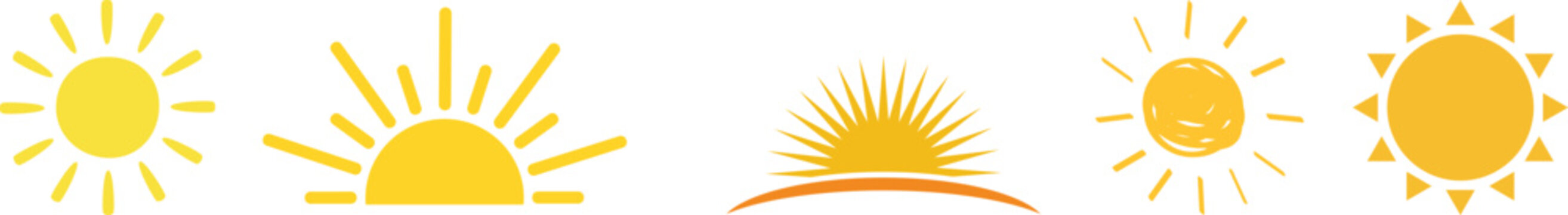 yellow sun icons set, sunshine and solar glow, sunrise or sunset. Decorative circle full and half sun and sunlight. Hot solar energy for tan. sun icon on white background.