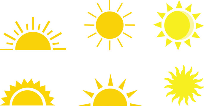 yellow sun icons set, sunshine and solar glow, sunrise or sunset. Decorative circle full and half sun and sunlight. Hot solar energy for tan. sun icon on white background.