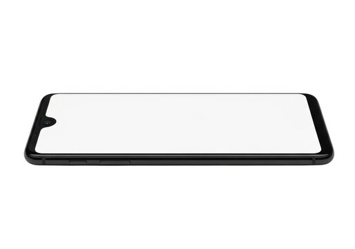 Black smartphone with a blank screen lying horizontally on a flat surface for technology projects and digital communication mockups