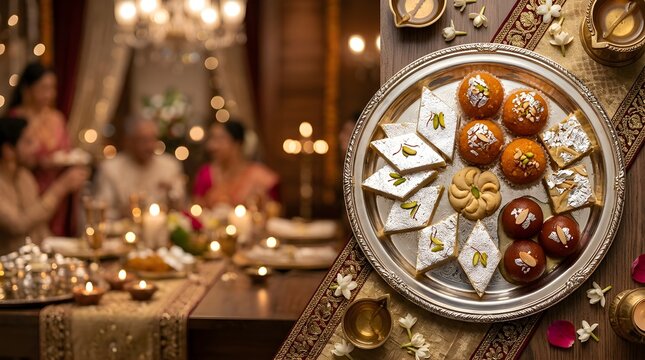 Traditional Indian sweets served on a silver platter for Diwali celebration