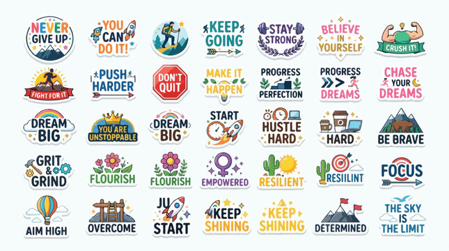 Inspirational sticker set with 28 motivational quotes, colorful typography badges for personal growth, positive affirmation vector labels isolated PNG with Transparent Background
