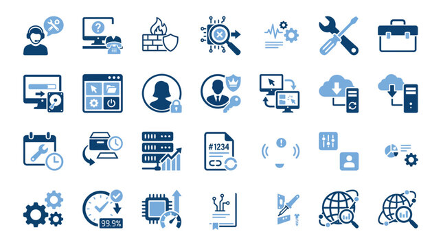 Comprehensive Set of Blue Technical IT Support and Network Infrastructure Icons for Professional System Management