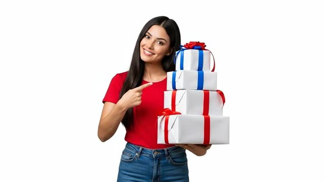 A smiling young woman holding a tall stack of wrapped gifts against white