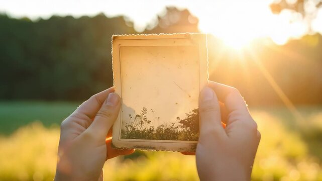 Hands holding vintage blank photo frame in golden hour sunlight