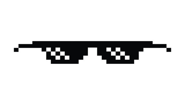 Black pixelated sunglasses with white square lenses isolated on a clean white digital art background