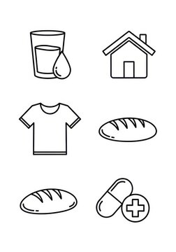 Set of Minimalist Line Icons Representing Basic Human Needs: Water, Shelter, Clothing, Food, and Healthcare