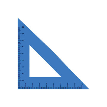 Isolated blue triangle ruler with inch and centimeter markings for geometry and measurement