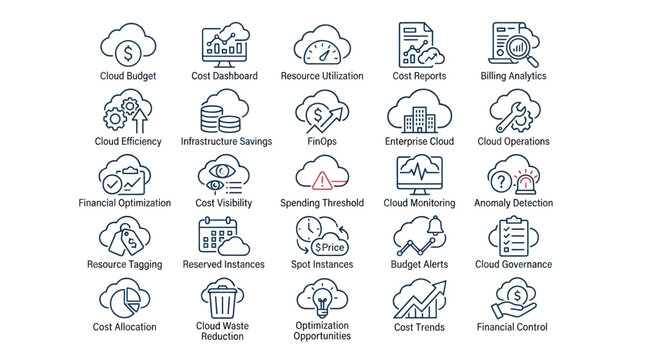 Cloud financial control and spending visibility line icon set.