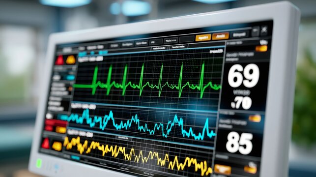 Patient vital signs monitor showing medical graph data