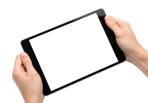 Close up of person hands holding a black tablet computer device with a blank screen for digital content display and mobile app presentation