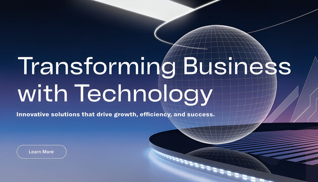 Transforming business with technology web banner template with 3D wireframe globe and futuristic neon background