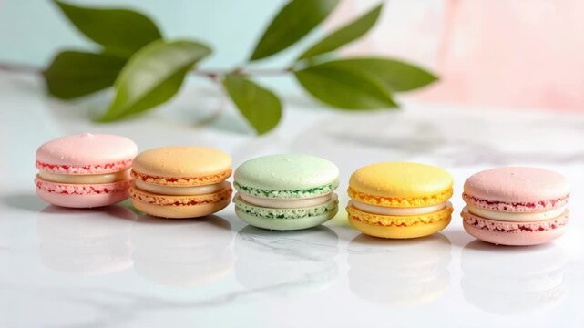 Colorful French Macarons Lined Up on Reflective Surface with Soft Background