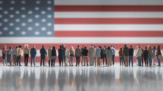 Diverse crowd standing in front of American flag.