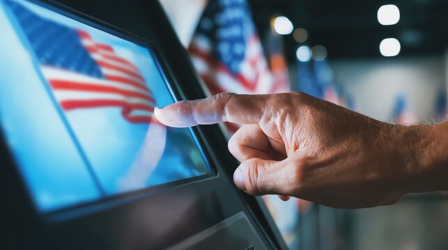 Voter interacting with touchscreen interface