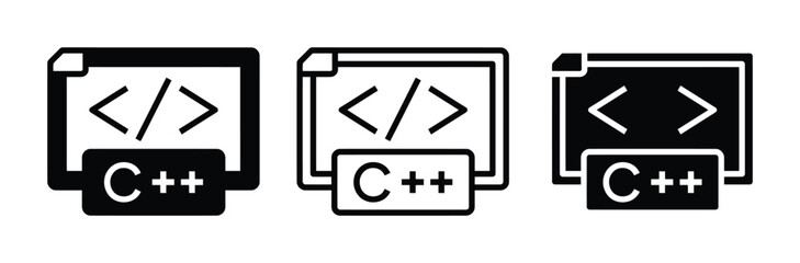 C++ programming language icon vector set. Software coding screen with brackets symbol. Flat silhouette and outline graphic design elements for web development. Vector Illustration. © Welcome