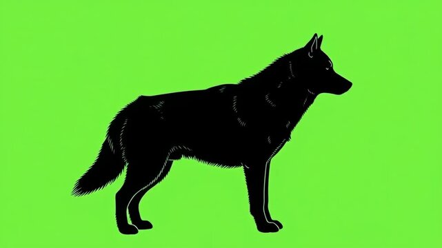 A detailed silhouette of a wild wolf standing against a bright green screen