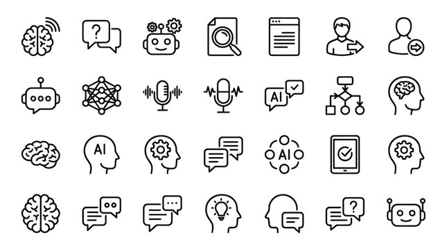 AI chatbot and digital communication line icon set.