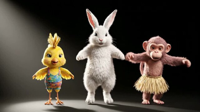 Cute 3 d animated characters dancing together: happy bunny, chick, and monkey performing fun choreography on black background