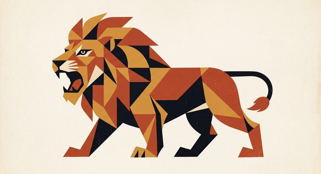 Geometric lion illustration created in triangular polygon style. Artistic wildlife portrait expressing strength and courage. Abstract design pattern for creative branding and decor.
