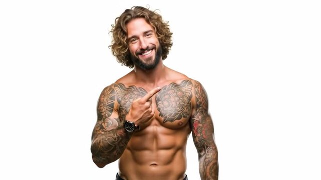 A shirtless muscular man with tattoos pointing directly at the camera lens