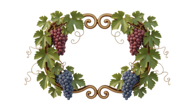 A decorative frame featuring clusters of red and blue grapes with green vine leaves and swirling tendrils on a solid black background, isolated