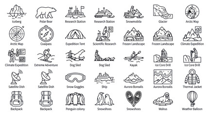 Winter adventure and polar environment research icons. © muhammad