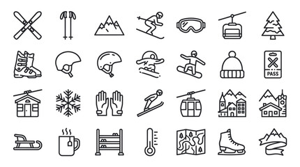 Winter sports and mountain ski resort line icons © muhammad