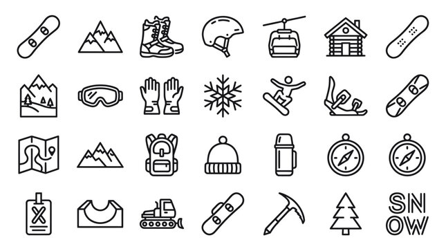 Winter sports and mountain outdoor activity line icons.