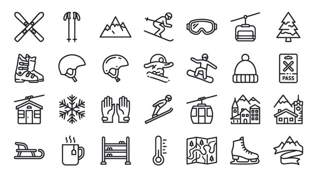 Winter sports and mountain ski resort line icons