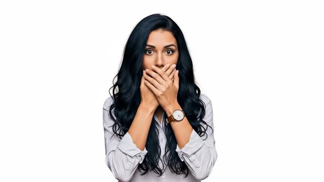 A woman with long dark hair looking shocked while covering her mouth with hands