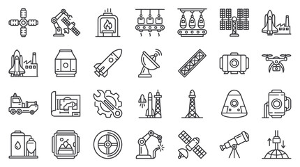 Fototapeta premium Aerospace and industrial robotics line icon set