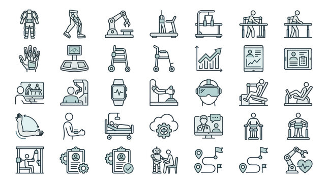 Advanced mobility robotics and wearable medical exosuit icons.
