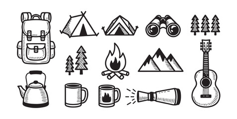 Fototapeta premium Comprehensive Hand Drawn Doodle Camping and Outdoor Activity Icon Set with Backpack, Tent, Campfire, and Musical Instruments
