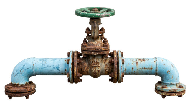 An old rusty industrial water gate valve with a green handwheel and blue pipes, isolated against transparent background.